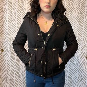 Black Zip Up Quilted Puffer Bomber Jacket with Gold Accents and Faux Fur Lining